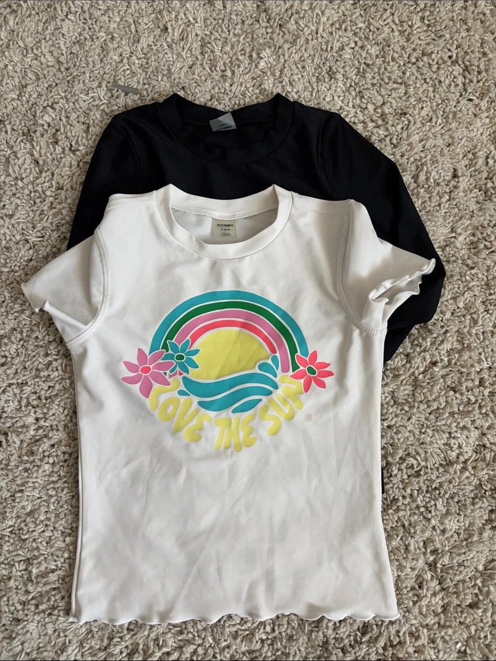 Old Navy Black Daisy Rashguard & White 'Love the Sun' Rash Tee